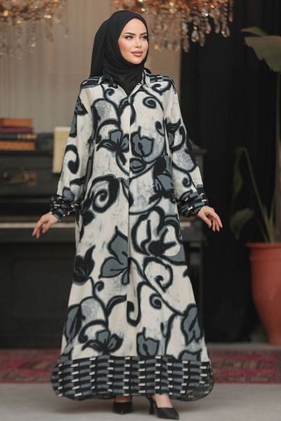 Neva Style Rochie musulmană neagră cu imprimeu floral 23171S