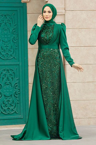 Neva Style Sequin Embroidered Green Hijab Evening Dress 23082Y