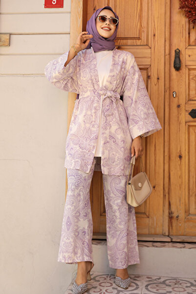Neva Style Lilac Patterned Hijab Double Kimono Set - 12122lila