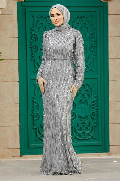 Neva Style Rochie de seara Hijab - Rochie de seara Hijab gri brodata cu paiete paiete 2314gr