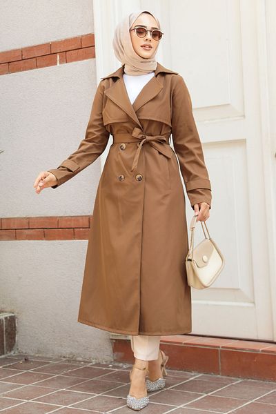 Neva Style Tan Buttoned Hijab Trench Coat 6103Tb