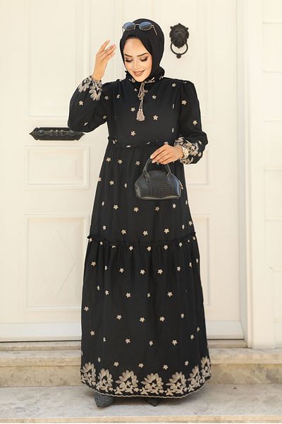Neva Style - Rochie neagră cu hijab cu imprimeu floral 1381s