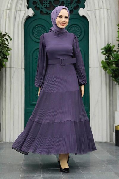 Neva Style - Rochie Hijab Liliac Inchis cu Curea cu 3590k