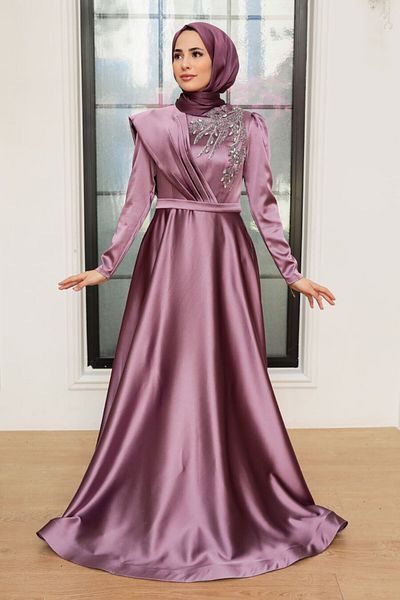 Neva Style Rochie de seară hijab liliac brodat cu margele 22441lila