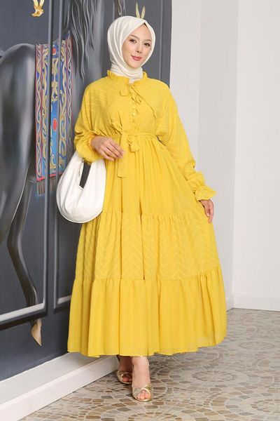 Neva Style فستان مطوي حجاب الخردل - 14232HR