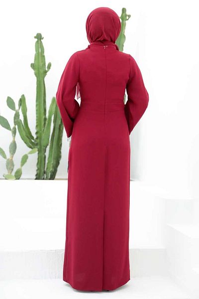 Neva Style Rochie de seara musulmana burgundy cu ciucuri 33150br