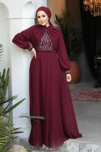 Neva Style Beaded Burgundy Hijab Evening Dress 25886Br