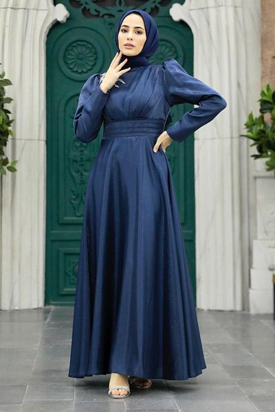 Neva Style Βραδινό φόρεμα Satin Navy Blue Hijab 22301l