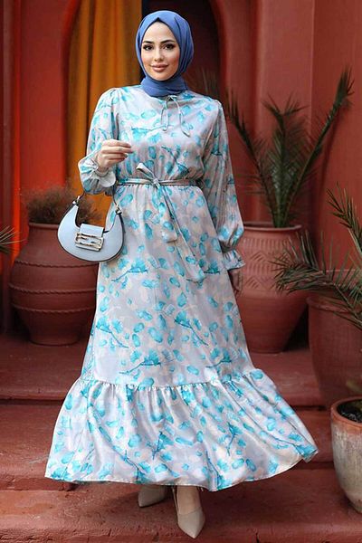 Neva Style فستان حجاب تركواز منقوش بالزهور 60901TR