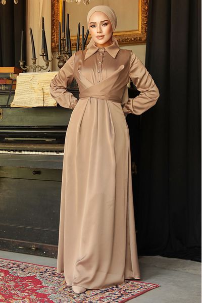 Neva Style Rochie Hijab din Satin Mink - Detaliu Nasturi, Model 45661V