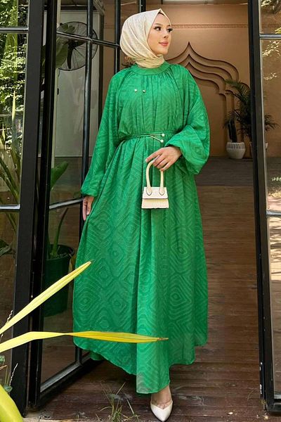Neva Style Φόρεμα Hijab με Σμαραγδένιο Πράσινο Σχέδιο - 14291ZY