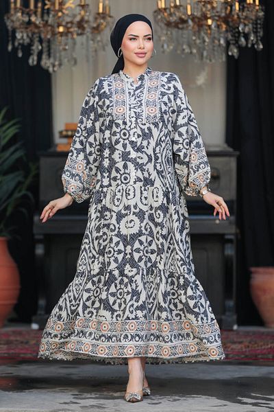 Neva Style - Rochie neagră cu hijab cu model 18232s