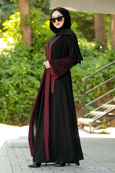 Neva Style - Claret Red Hijab Abaya with Flounce Sleeves 55084Br