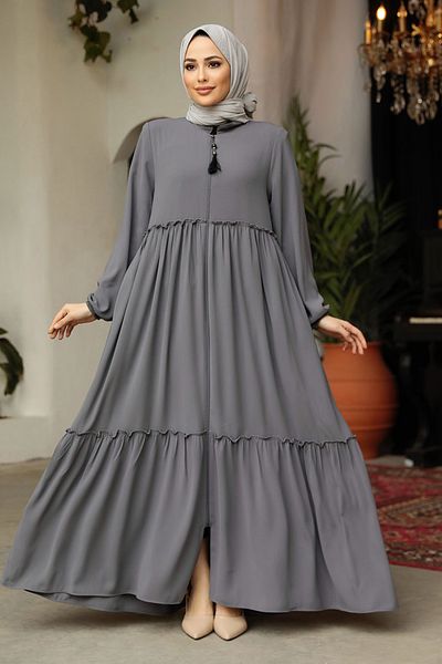 Neva Style Layer Pleated Gray Hijab Rabia Crepe Ferace 615GR