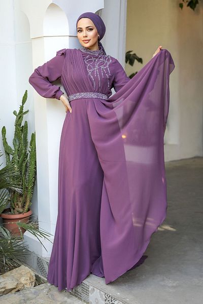 Neva Style Beaded Embroidered Dusty Rose Hijab Evening Dress 25885Gk