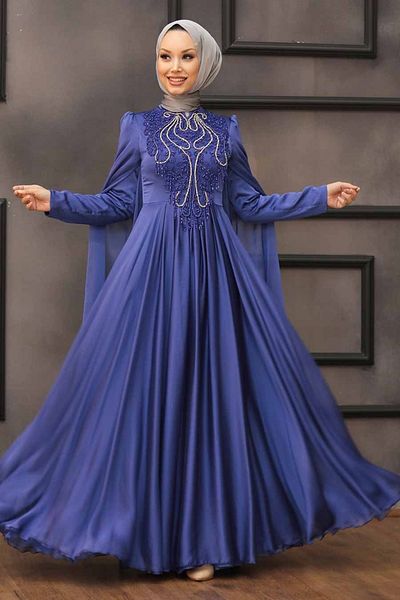 Neva Style Indigo Blue Hijab Evening Dress with Cape 22140ım