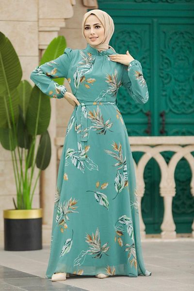 Neva Style Leaf Patterned Green Hijab Dress 279316 Cy