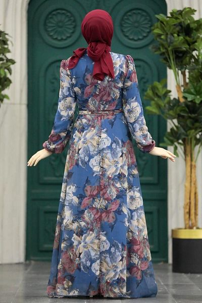 Neva Style Rochie hijab albastru indigo cu modele florale 279318 im