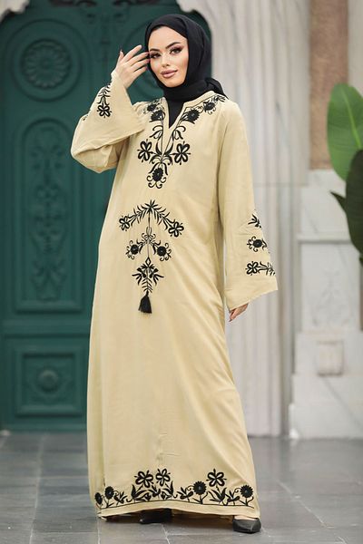 Neva Style Rochie Hijab Bej cu Detaliu Floral 11153bej