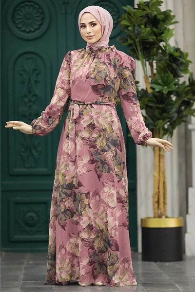 Neva Style Floral Patterned Dusty Rose Hijab Dress 279318 Gk