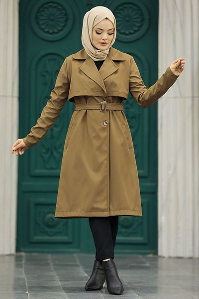 Neva Style Καφέ Hijab Trench Coat με ζώνη πόρπης 59371kh
