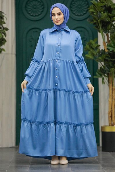 Neva Style Φόρεμα με πτυχωτό πλισέ Indigo Blue Hijab 5884ım
