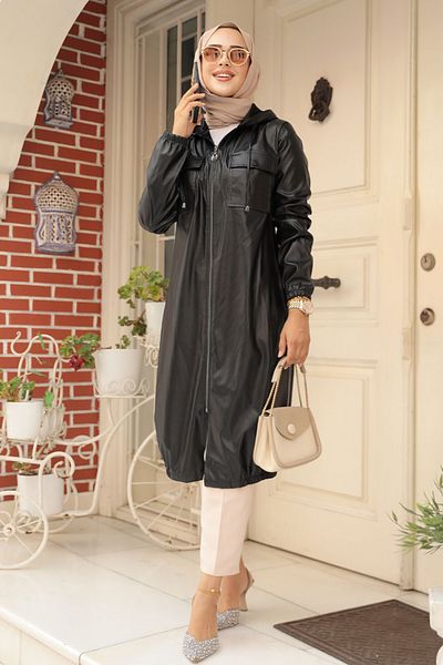 Neva Style Șapcă Hijab din piele neagră cu glugă - 1503S