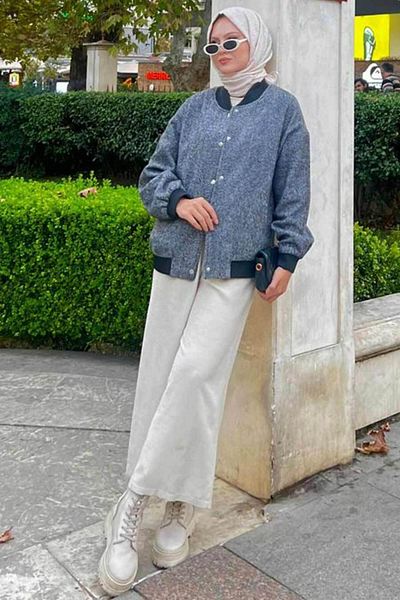 Neva Style Buttoned Navy Blue Hijab Bomber Jacket 9263L