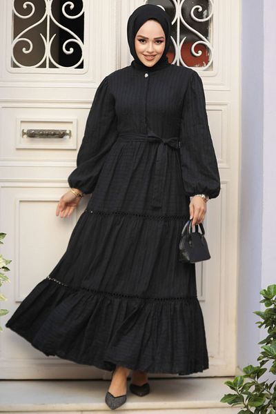 Neva Style Rochie Hijab neagră plisată 10024S