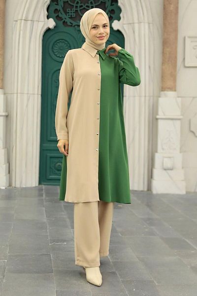 Neva Style طقم حجاب مزدوج بلون أخضر 52331y
