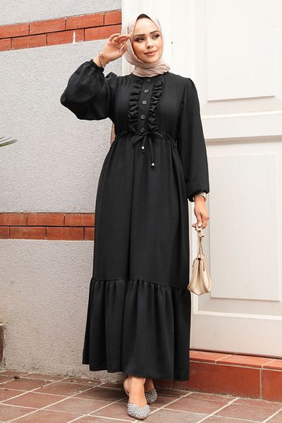 Neva Style Rochie Hijab Neagră - Detaliu Volane, Model 6731S