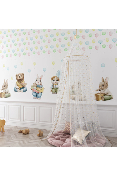 dreamwall Tavşan Balonlar Çocuk Odası Duvar Kumaşı -Isı ve Ses Yalıtımlı