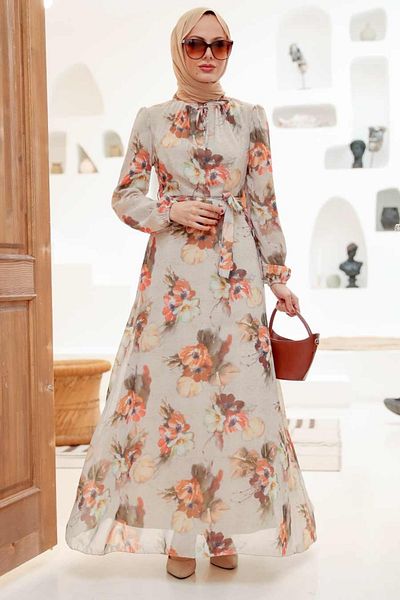 Neva Style - Rochie Hijab Bej cu Motiv Floral 27926bej