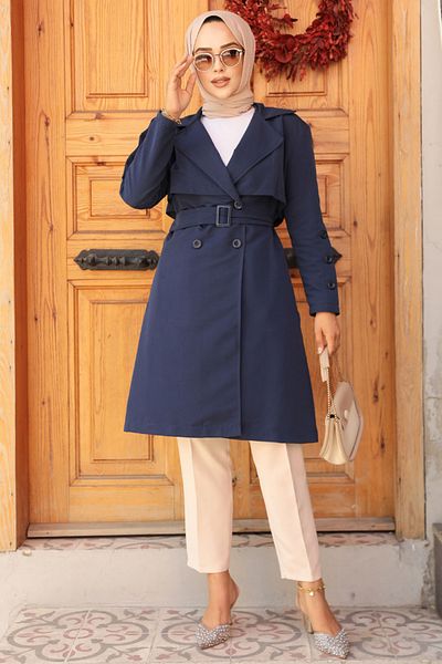 Neva Style Μπλε Ζώνη Hijab Trench Coat - 61171L