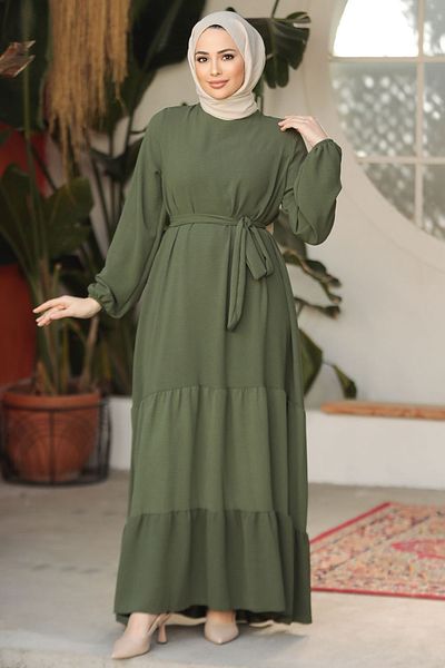 Neva Style Pleated Detailed Khaki Hijab Dress 57351HK