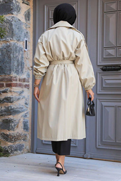 Neva Style - Boncuk Detaylı Açık Haki Tesettür Trençkot 639ahk