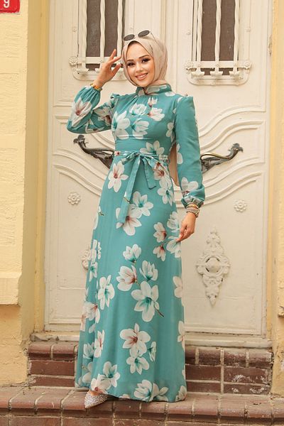 Neva Style Rochie Hijab Verde cu Motiv Floral 279314 cy