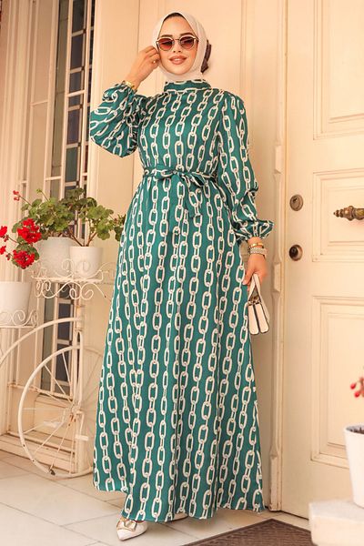 Neva Style Φόρεμα Hijab με σμαραγδένιο πράσινο σχέδιο - 23422ZY