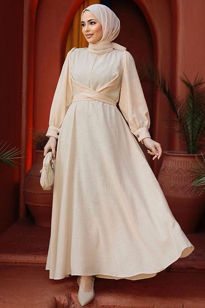 Neva Style Rochie Hijab Bej Maneca Balon 3034BEIG