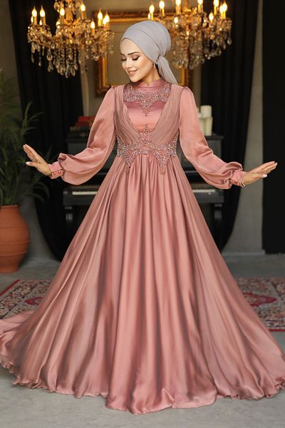 Neva Style Pearl Detailed Draped Tile Hijab Evening Dress 21890Krmt