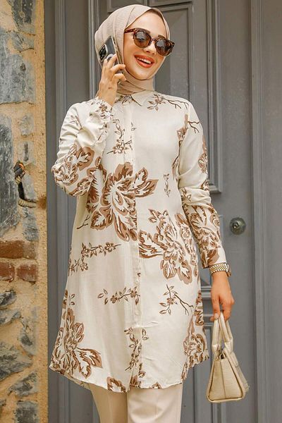 Neva Style تونيك حجاب بني منقوش 11691KH