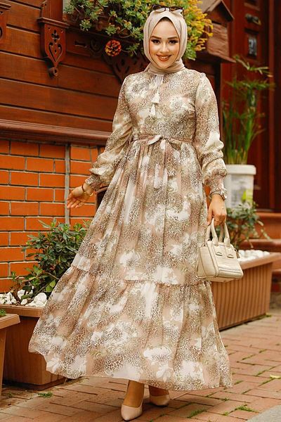 Neva Style - Rochie Hijab Bej cu Motive 33560bej