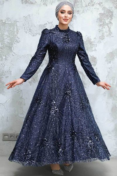 Neva Style Beaded Navy Blue Hijab Evening Dress 50461L