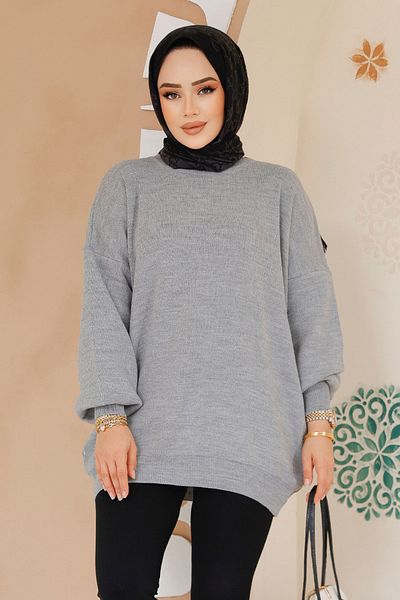 Neva Style Tricotaj Hijab Gri Pulover Tunica 17201gr