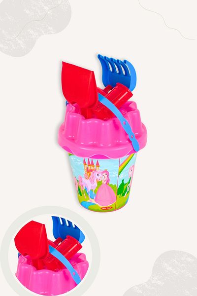 BubbyPlay Princess Large Summer Beach Bucket Set Bucket, Shovel, Rake, 1 Sand Mold Mixed Color