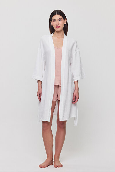 Zeliha Baysan Kadın Müslin Bağlamalı Beyaz Oversize Sabahlık
