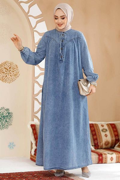 Neva Style Rochie hijab albastru închis din denim cu nasturi 19137KM