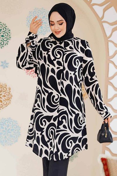Neva Style Patterned Ecru Hijab Tunic 11711E