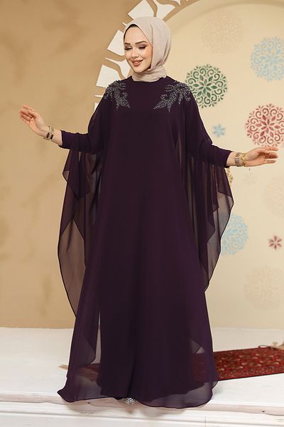 Neva Style Rochie Abaya Hijab Prune Detaliată Poncho 25908mu