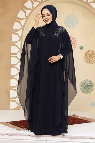Neva Style Poncho Detailed Navy Blue Hijab Abaya Dress 25908L